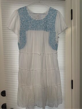 J Marie White Tiered Dress with Light Blue Embroidered Yoke